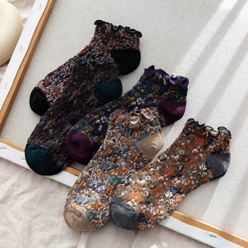 [5 Pairs] Short Lace Totem Ethnic Style Mori Style Spring and Summer Women's Pure All-Match Leather Shoes with Skirt