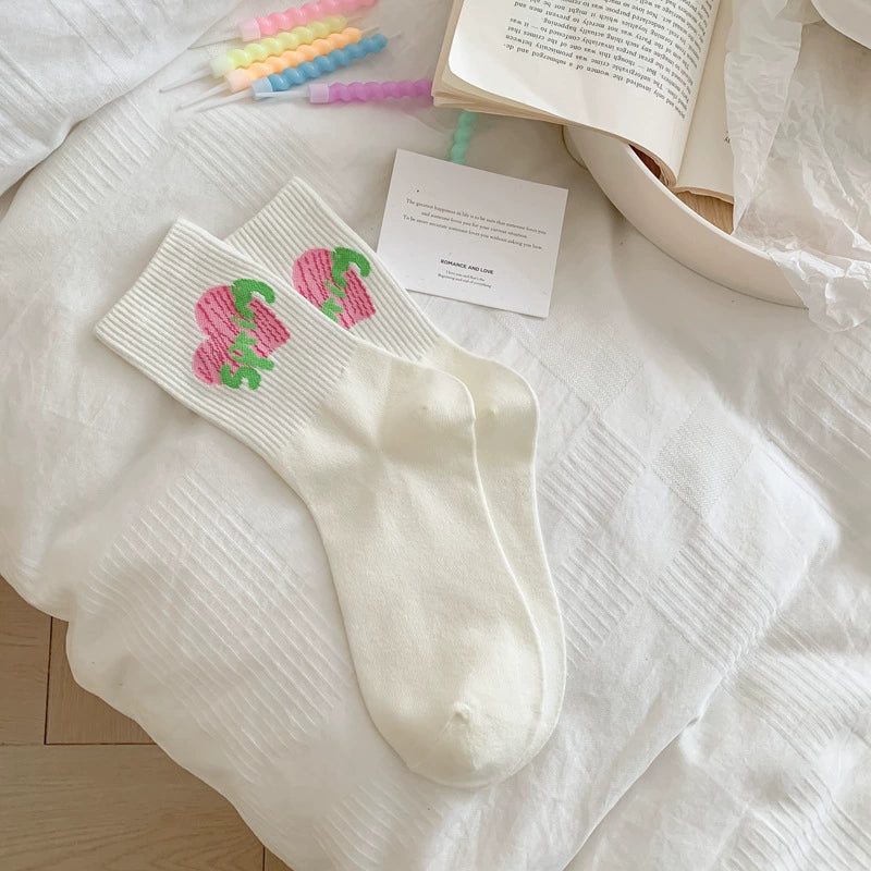 [4 Pairs] Spring and Summer Cute Cartoon White Preppy Style Rabbit Cherry Solid Color Wear