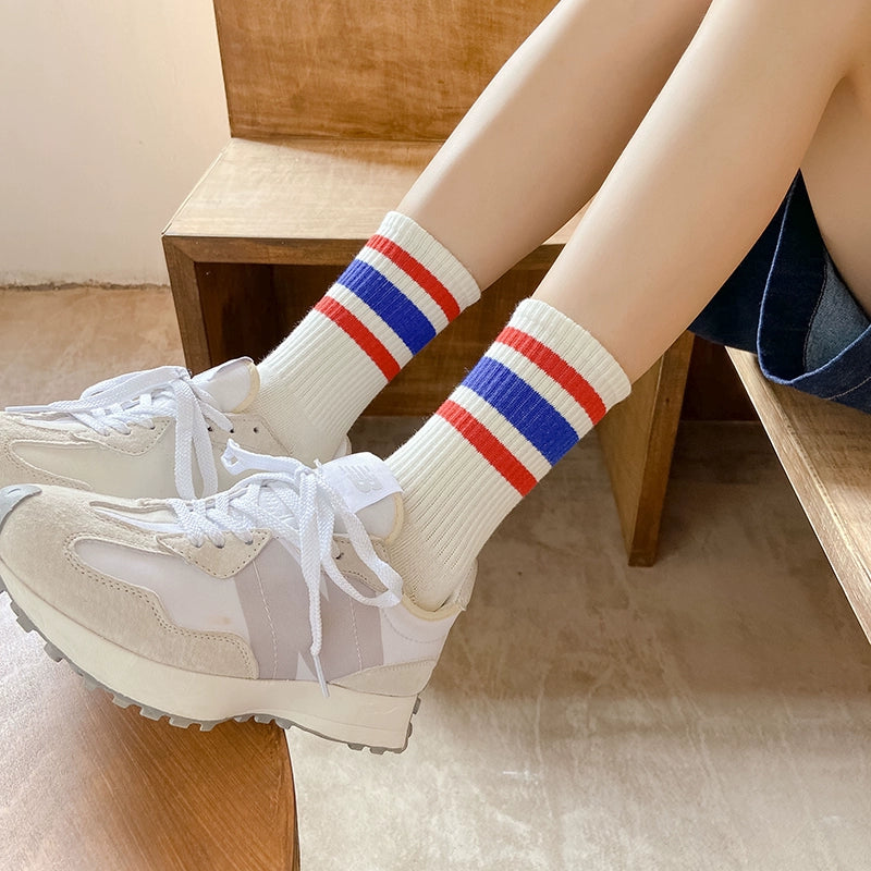 [2 Pairs] Japanese Style Mid-Calf High Length Women's Two Bars Trendy Cotton College Sports Style Cotton Material