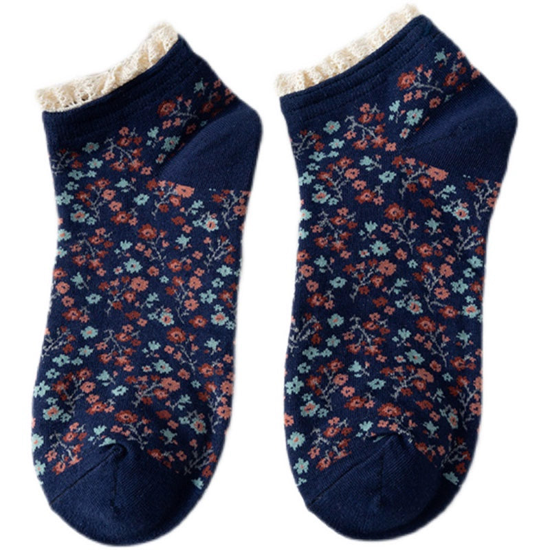 [2 Pairs] Pure Cotton Floral Lace Ethnic Style Versatile Short Spring and Summer Thin