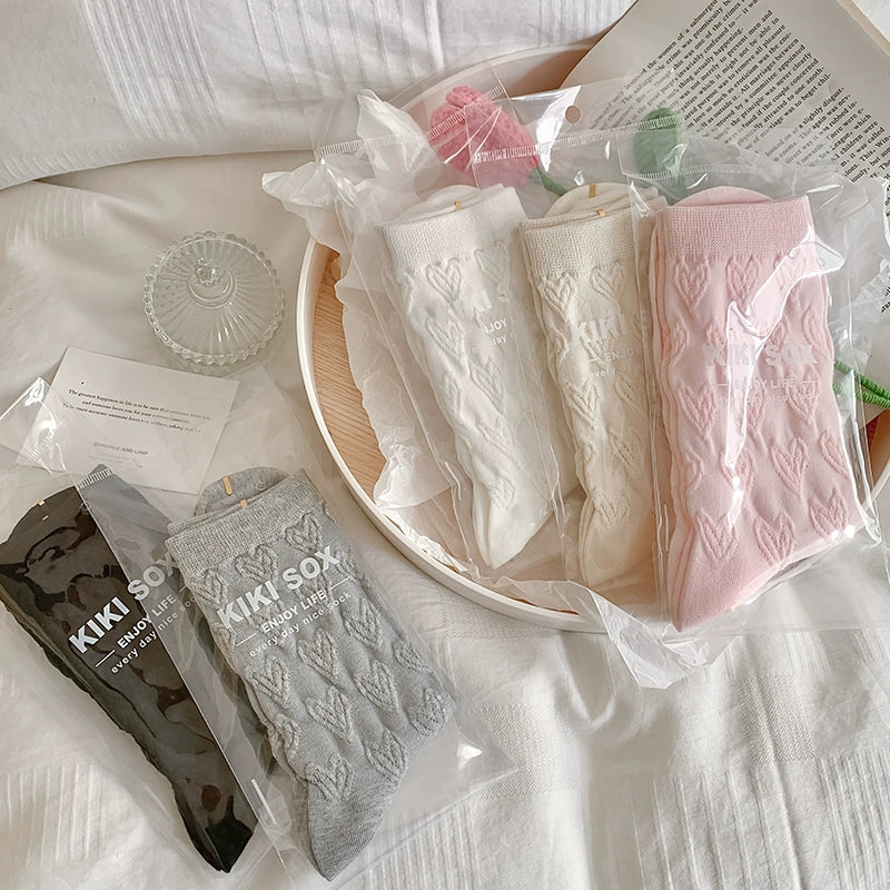 [5 Pairs] Spring and Summer Embossed Plain Thin College Style Love Little Bit More Wear