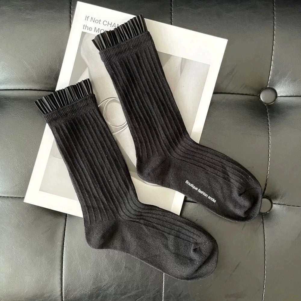 [2 Pairs] Women's Socks Three-Dimensional Pleated Lace Socks Combed Cotton Double Needle Blype Tube Socks