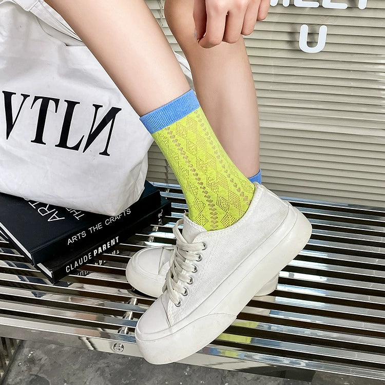 [3 Pairs] Dopamine Summer Thin Hollow Diamond Contrast Color Female Mid-Calf Length and Breathable Mesh Comfortable Pure Cotton