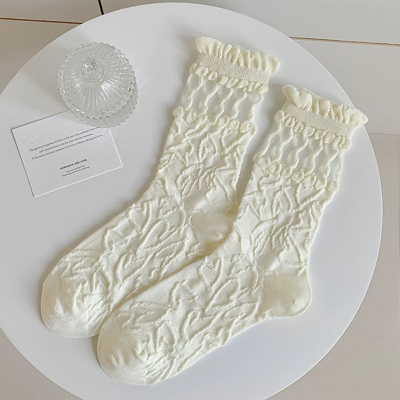 [5 Pairs] Spring and Summer Thin Breathable Girl JK Style Three-Dimensional Relief Small White