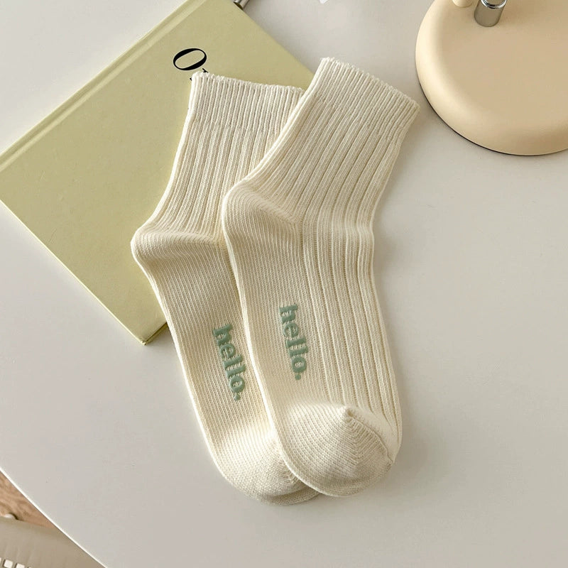 [5 Pairs] Spring and Summer Thick Thread Hot Stamping Macaron Fresh South Korea Cream Color Female Middle Tube Socks