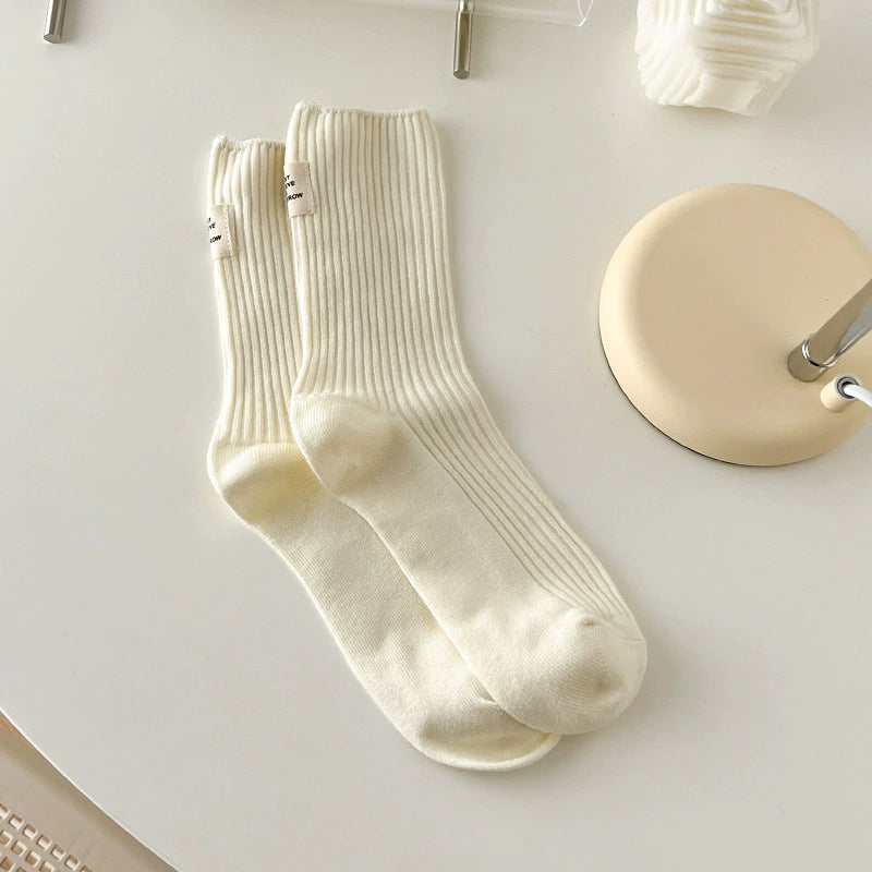 [3 Pairs] Socks Women's Spring and Summer Cotton Double Needle Bunching Socks Japanese Heel Cloth Label Macaron Tube Socks