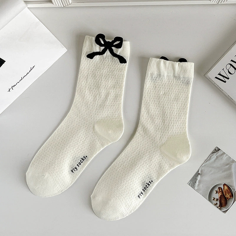 [4 Pairs] Black and White with Flower Bowknot Beautiful Thin Summer Pure Wear