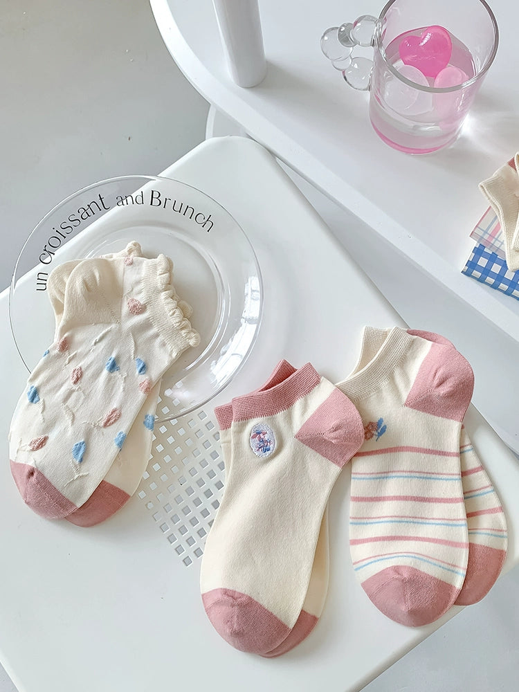 [5 Pairs] Summer Pink Plant Flower Boat Socks with White Shoes Students' Favorite