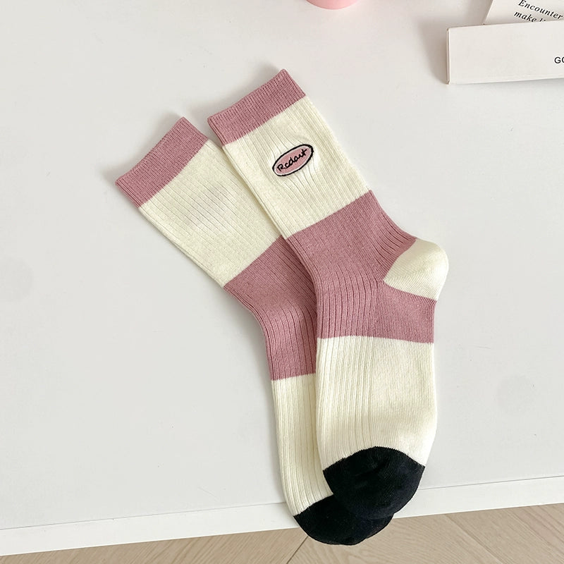 [5 Pairs] Pure Cotton Double Needle Simple All-Match Girl Tube Socks