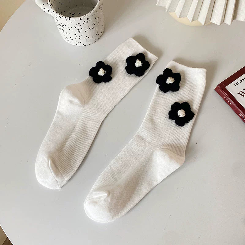 [2 Pairs] Spring Summer Pure Cotton Beautiful 2 Flowers Little Flowers 3D Tube Socks