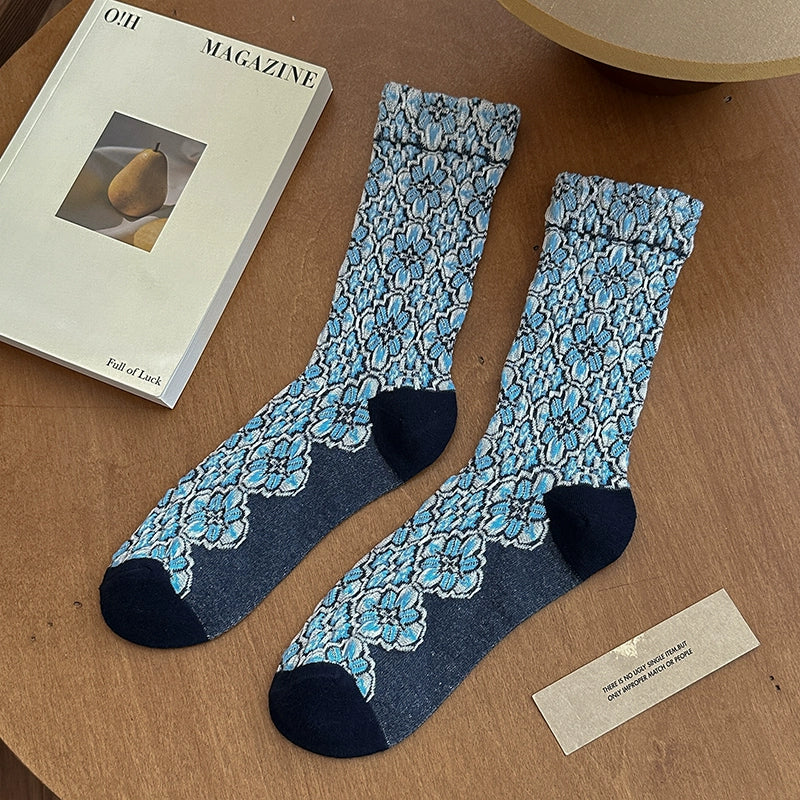 [5 Pairs] Pure Cotton Ethnic Style Fashion Wear Mid-Calf