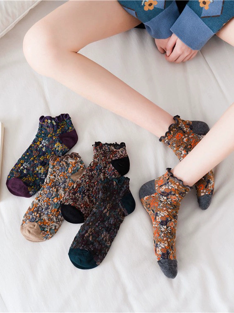 [5 Pairs] Short Lace Totem Ethnic Style Mori Style Spring and Summer Women's Pure All-Match Leather Shoes with Skirt