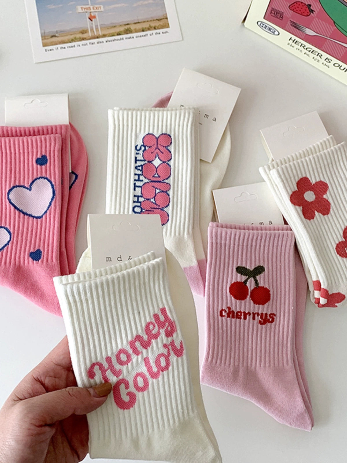 [5 Pairs] Fashion Sports Style Cherry Flower Spring Summer Mid-Calf Length Socks