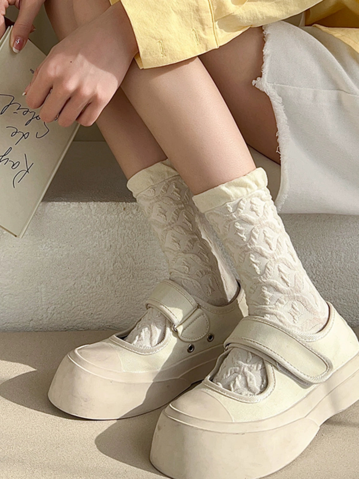 [5 Pairs] Thin Solid Color Japanese Style White Simple to Wear