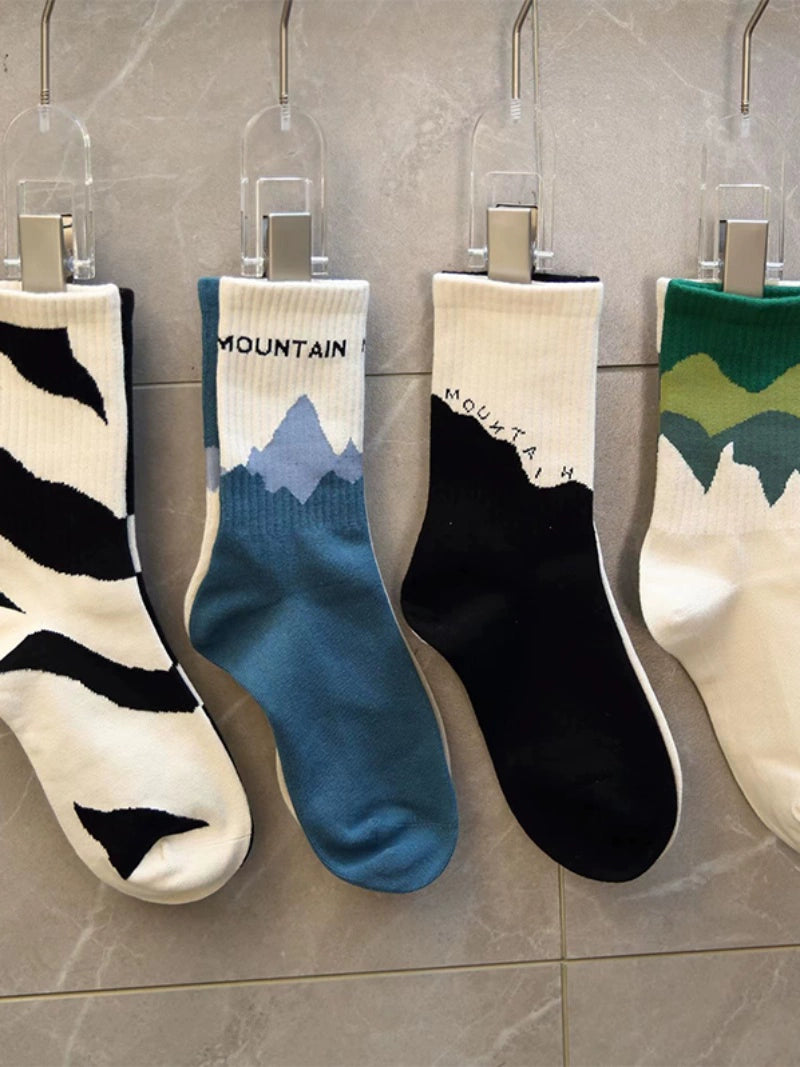 [4 Pairs] Spring Summer Pure Cotton Boneless Sewing Head Men's and Women's Sports Lovers' Socks Snow Mountain Wind Left and Right Feet AB Socks