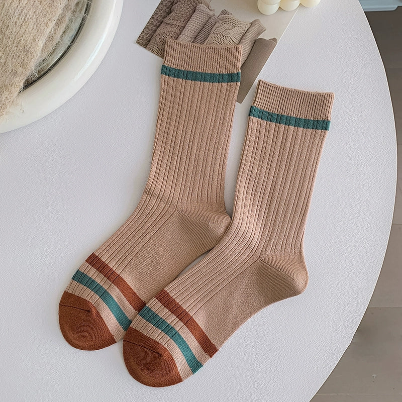 [4 Pairs] Sorry I'm Late, Girl Spring and Summer Double Needle All-Match College Style Mid-Calf