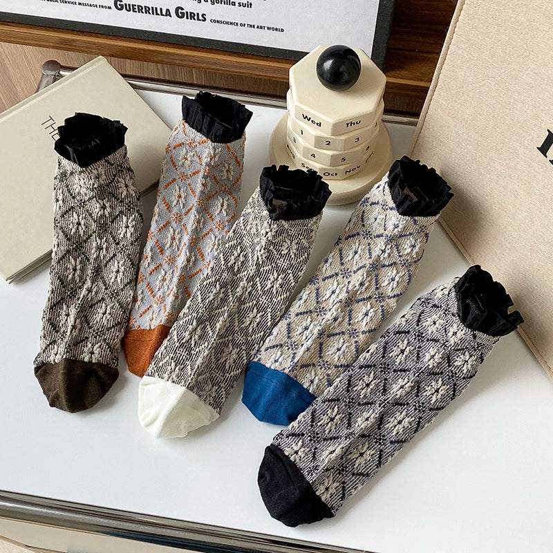 [5 Colors] Dashang Dashed Rhombus Lace Women's Short Spring and Summer Fashion Socks