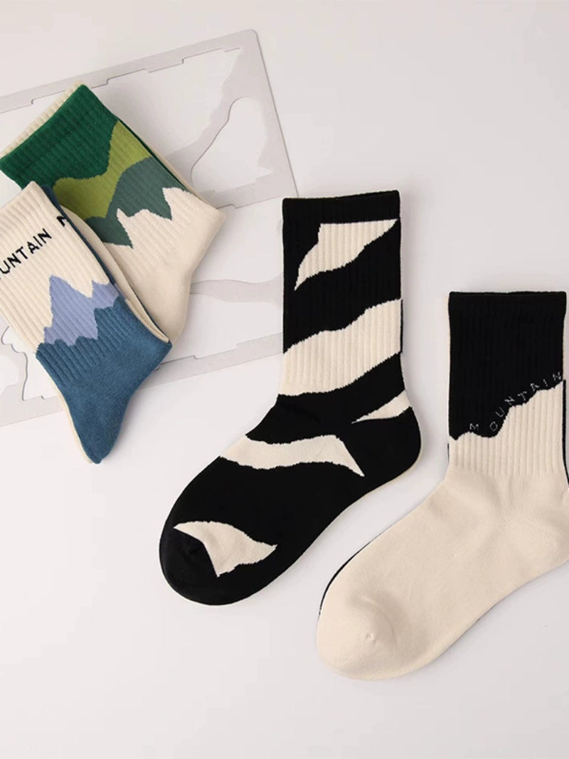 [4 Pairs] Spring Summer Pure Cotton Boneless Sewing Head Men's and Women's Sports Lovers' Socks Snow Mountain Wind Left and Right Feet AB Socks