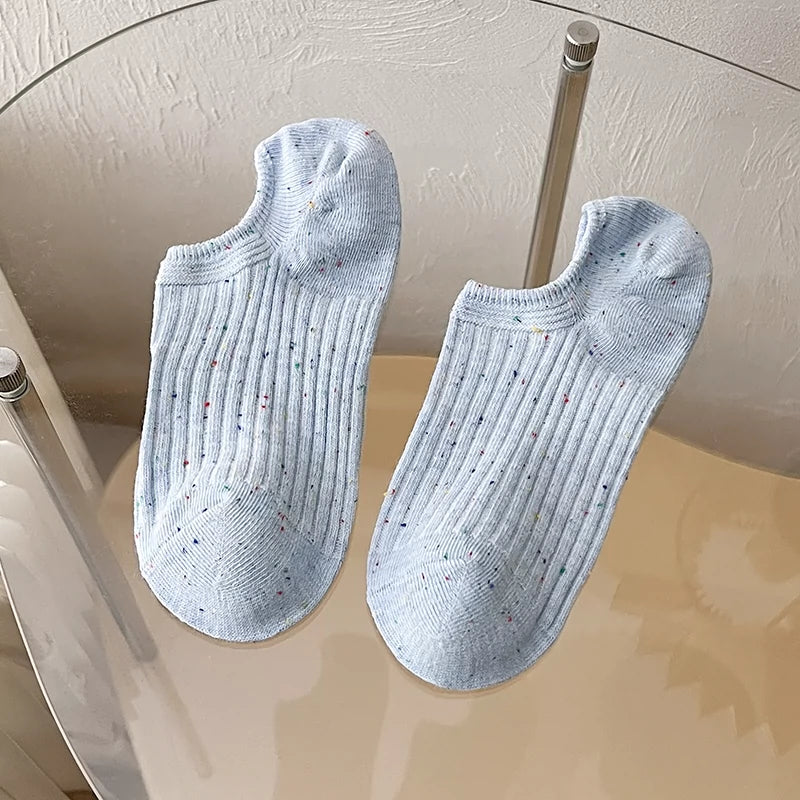 [5 Pairs] Spring and Summer NEPs Yarn Thin Thick Thread Knitted Comfortable Solid Color Boat Socks