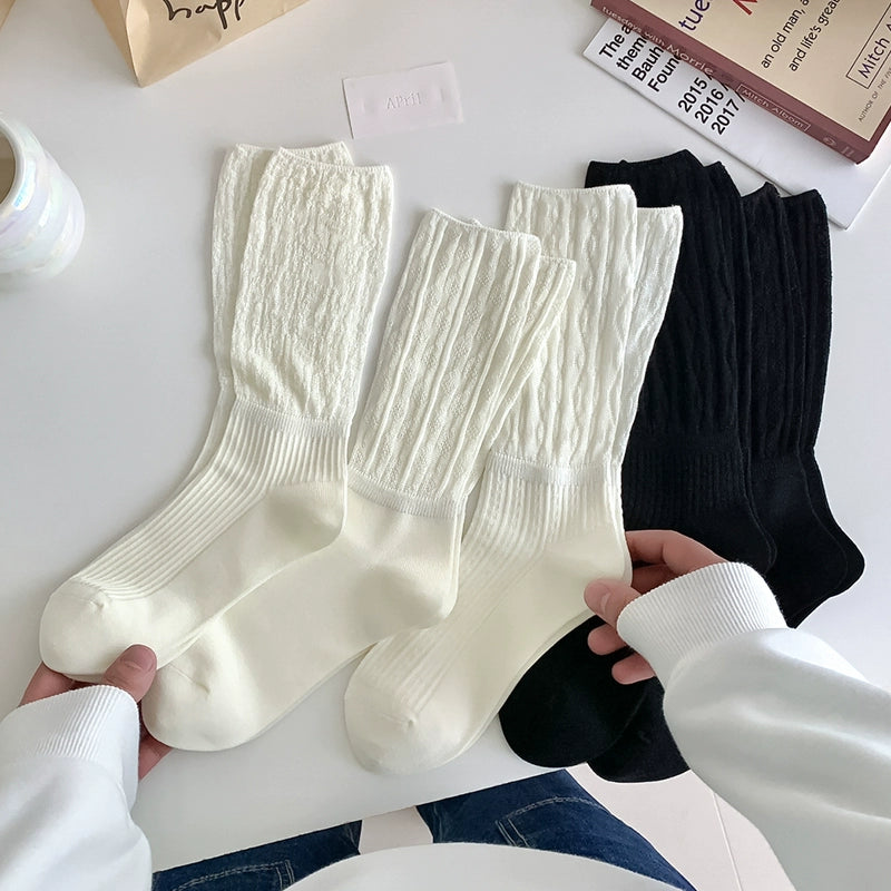 [5 Pairs] JK Style Thin Breathable Double Needle Black and White Pile Style Simple Wear