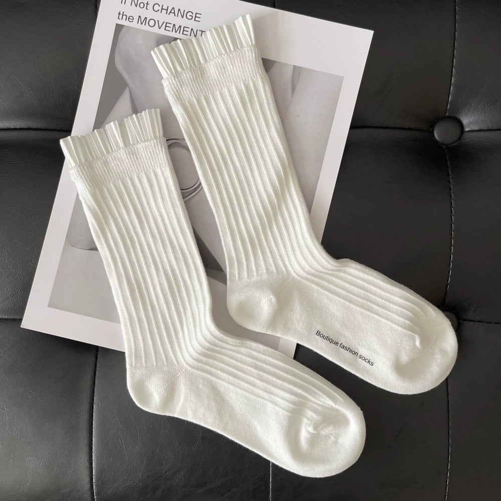 [2 Pairs] Women's Socks Three-Dimensional Pleated Lace Socks Combed Cotton Double Needle Blype Tube Socks