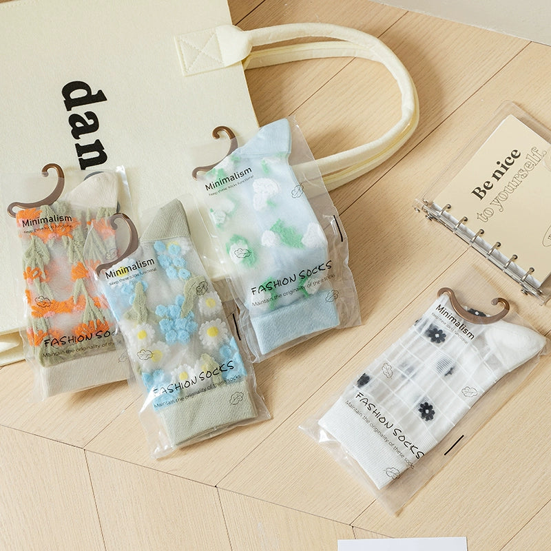 [4 Pairs] Summer Thin Kanekalon Tube Socks Flowers Bloom with Vitality