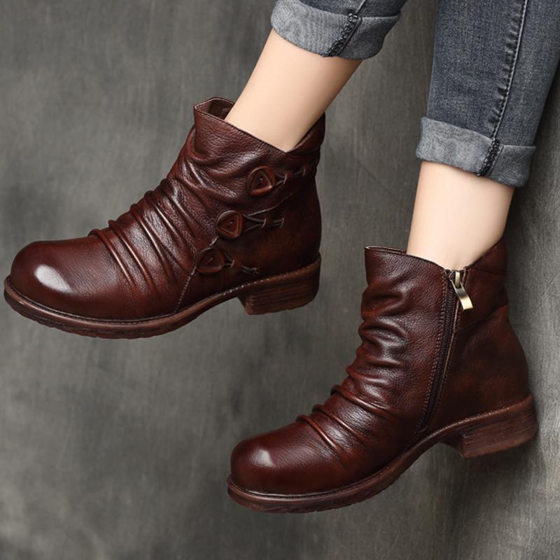 Handmade Pleated Retro Leather Women's Boots