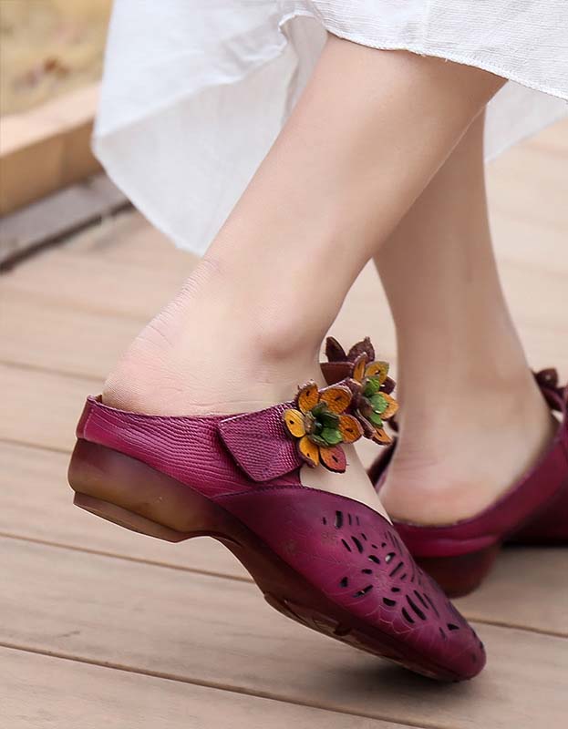 Spring Handmade Flowers Retro Leather Slippers