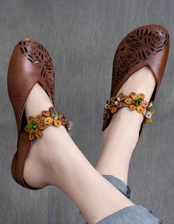 Spring Handmade Flowers Retro Leather Slippers
