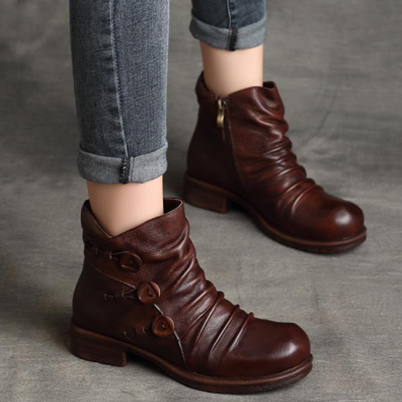 Handmade Pleated Retro Leather Women's Boots