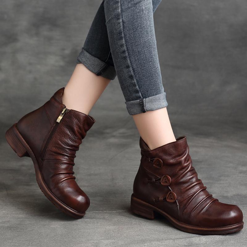 Handmade Pleated Retro Leather Women's Boots