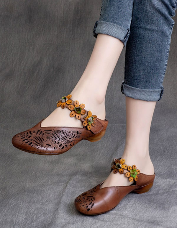 Spring Handmade Flowers Retro Leather Slippers