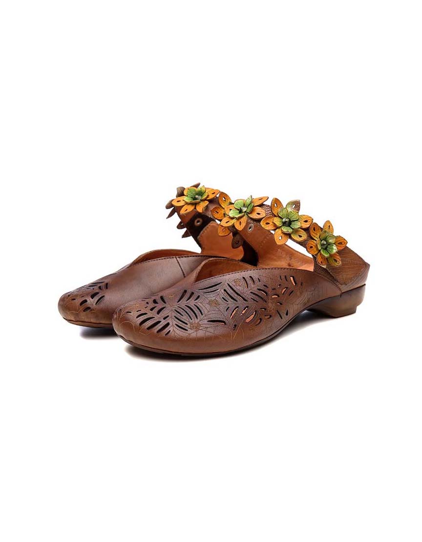 Spring Handmade Flowers Retro Leather Slippers