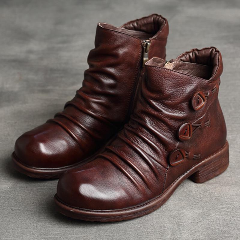 Handmade Pleated Retro Leather Women's Boots