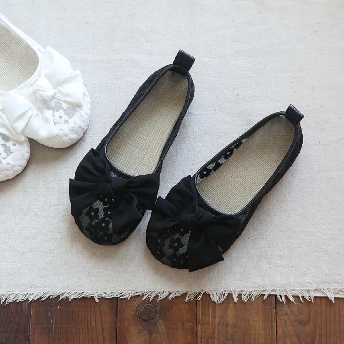 Mesh daisy round head flats summer big bow cotton and linen low heel light mouth single shoes