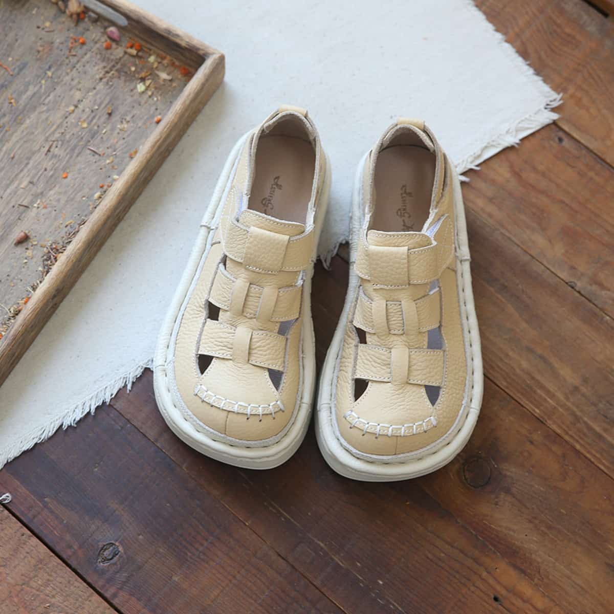 Leather Hollow Round Head Platform Big Head Shoes Summer Velcro Roman Sandals