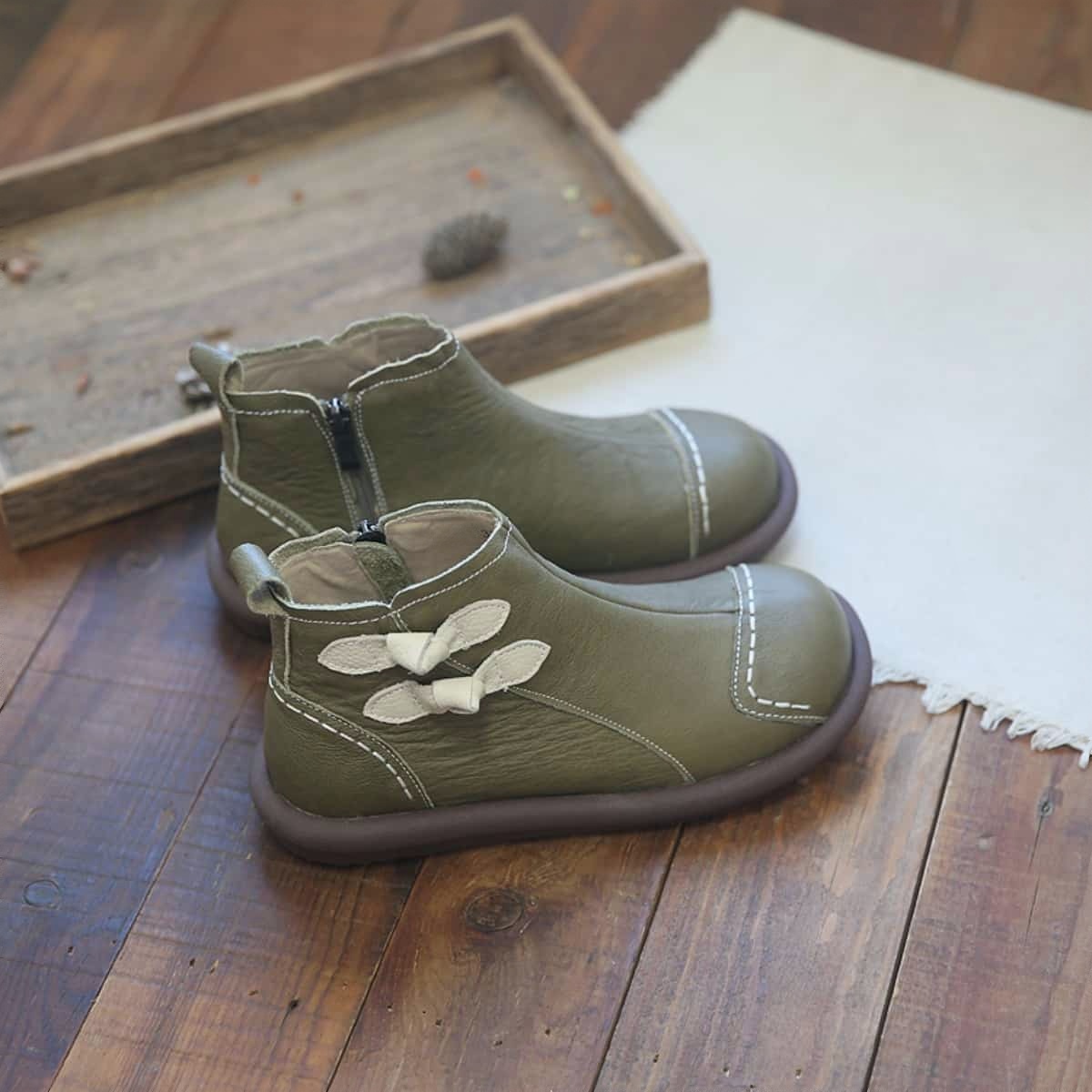 Leather round head flat bottom short boots autumn new side zipper comfortable low heel women's boots