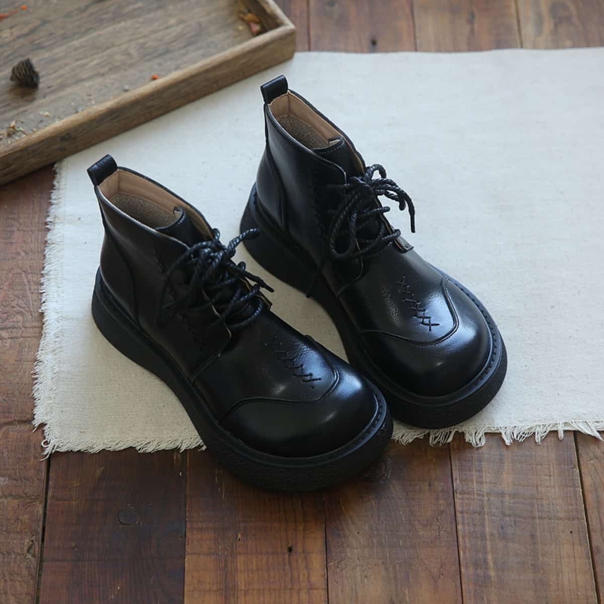 Round head lace-up thick-soled big-head shoes British style versatile heightening knight short Martin boots women