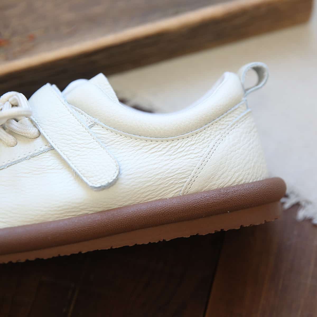 Leather round head lace-up single shoes Velcro low heel soft sole versatile little white shoes