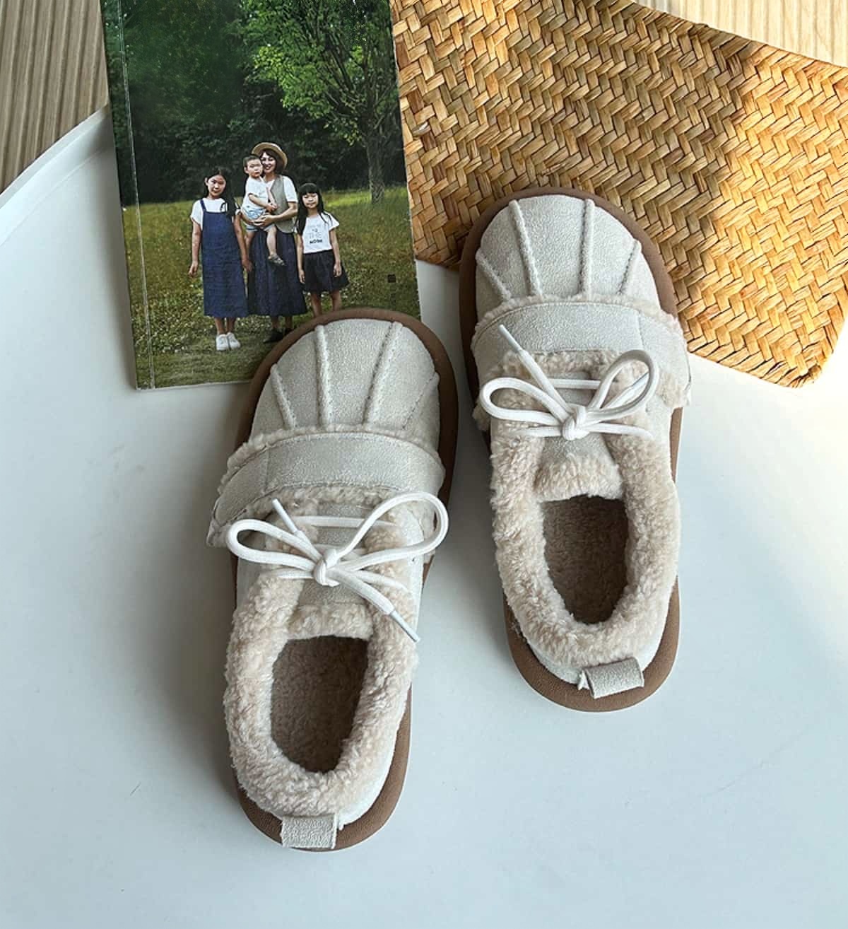 Suede round head lace-up flats Winter imitation lamb wool warm-soled cotton shoes