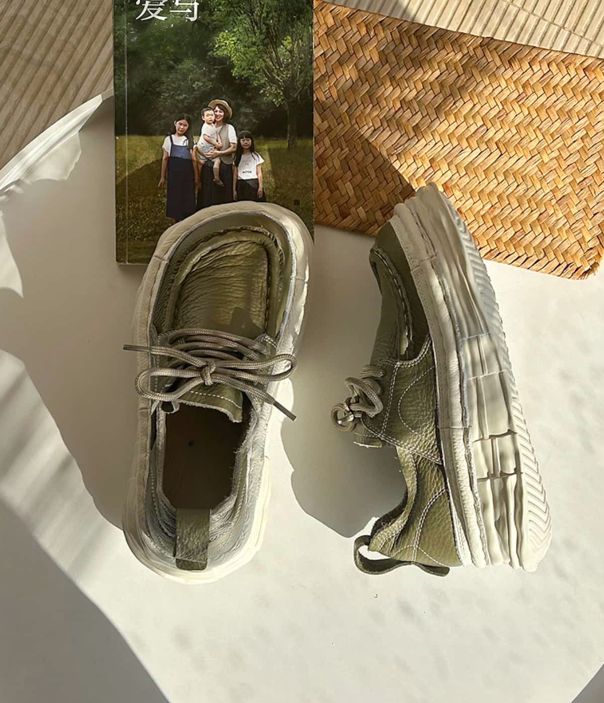 Leather round head lace-up thick-soled big head shoes spring height-increasing white shoes