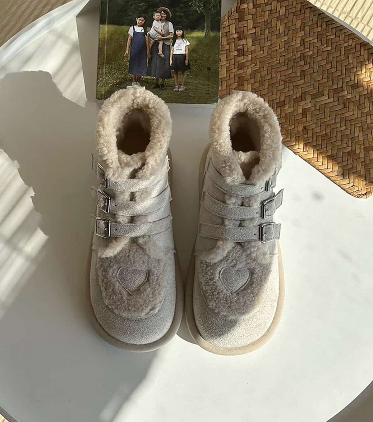 Imitation lamb wool round head flat-bottomed short boots winter cute heart-shaped warm snow boots