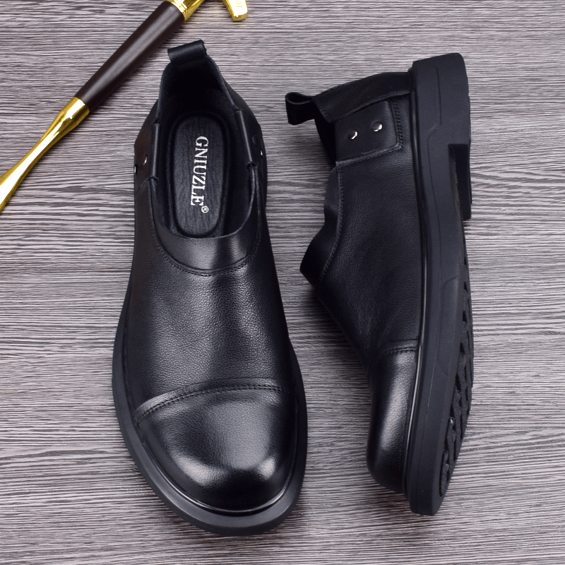 Men's shoes black first-layer cowhide round head leather shoes men's genuine leather breathable trendy shoes personalized business blue big head 