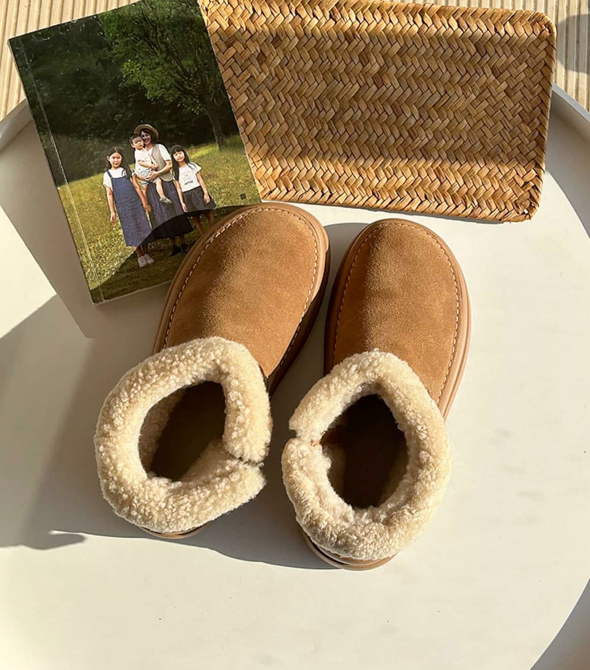 Leather imitation lamb wool round head thick-soled short boots winter warm snow boots