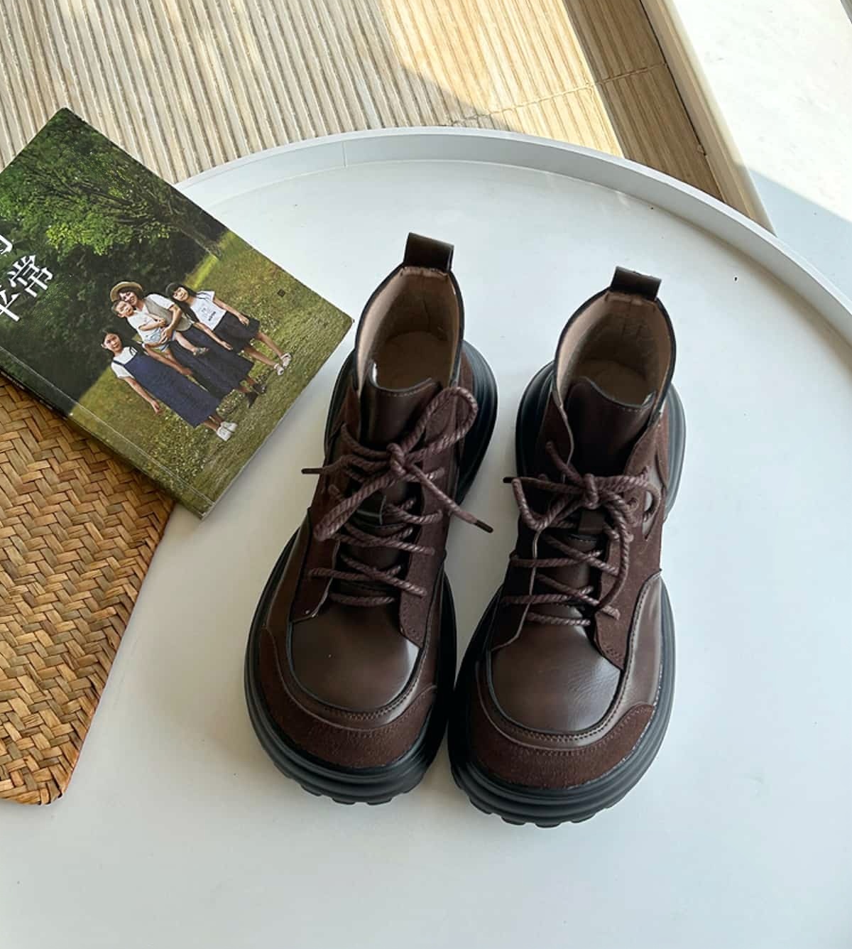 Round head lace-up thick-heeled Martin boots, new high-heeled trendy motorcycle boots, short boots for women