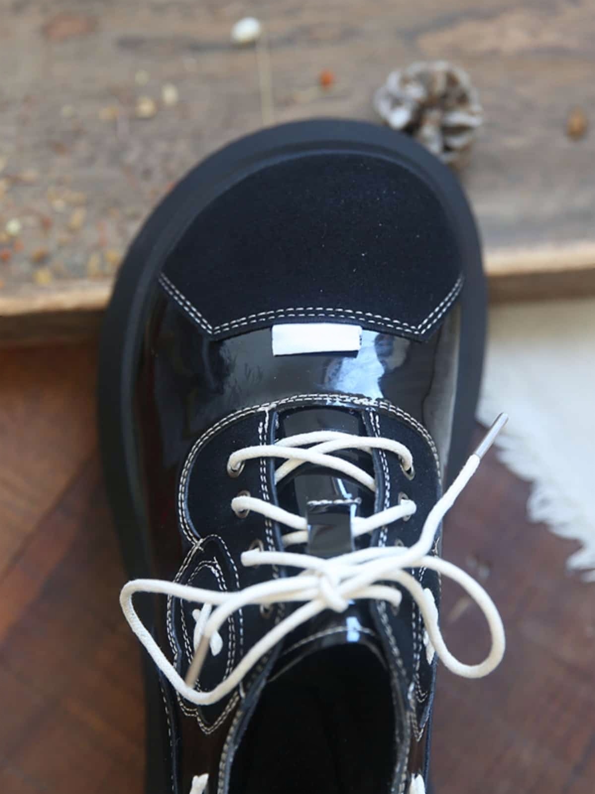 Glossy round head lace-up thick-soled big-head shoes autumn personality trendy cool muffin bottom small leather shoes women