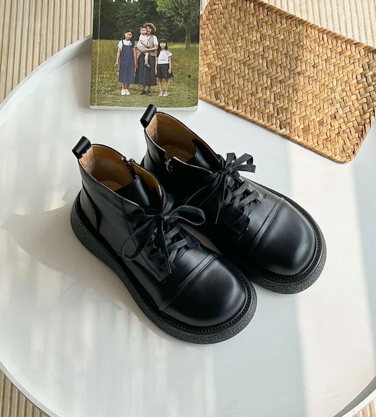 Round head lace-up thick-soled Martin boots autumn side zipper black versatile locomotive boots short boots women