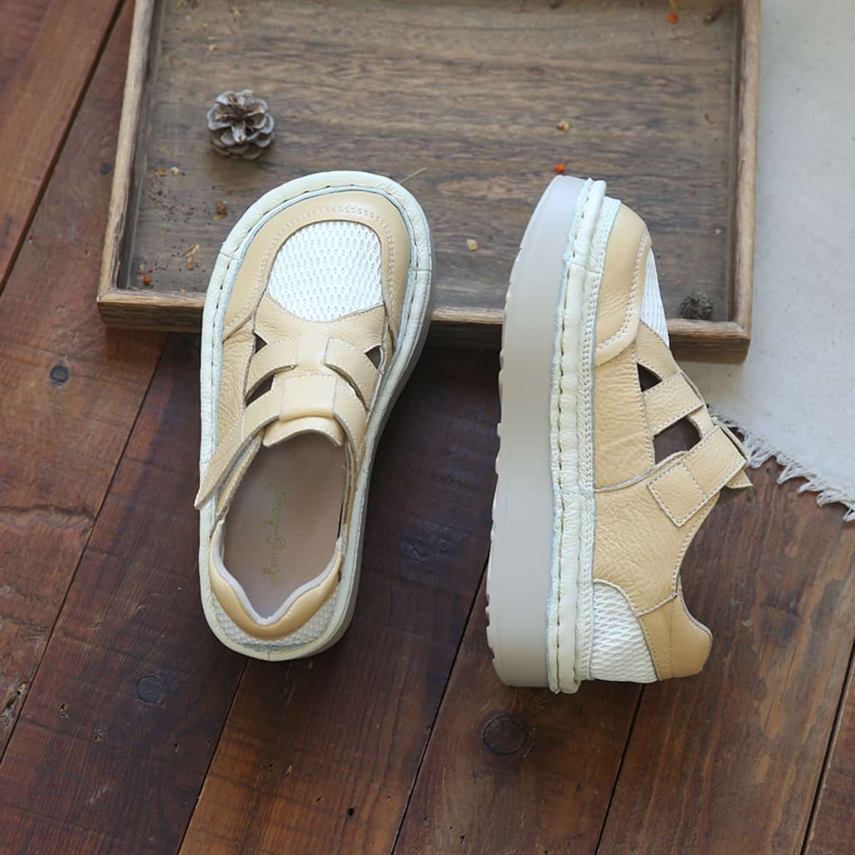 Leather hollow mesh round head thick sole big head shoes summer muffin bottom Roman sandals