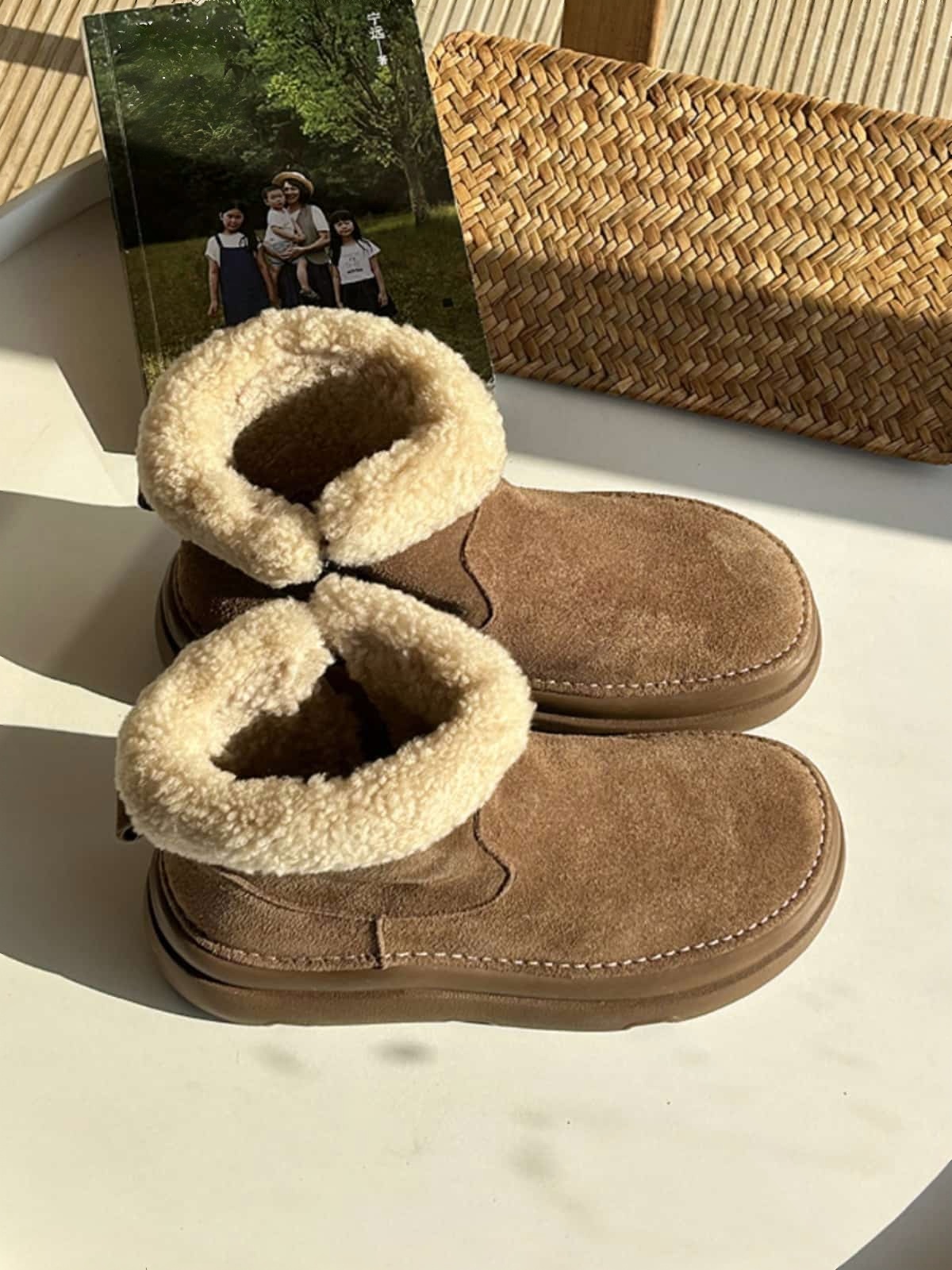 Leather imitation lamb wool round head thick-soled short boots winter warm snow boots