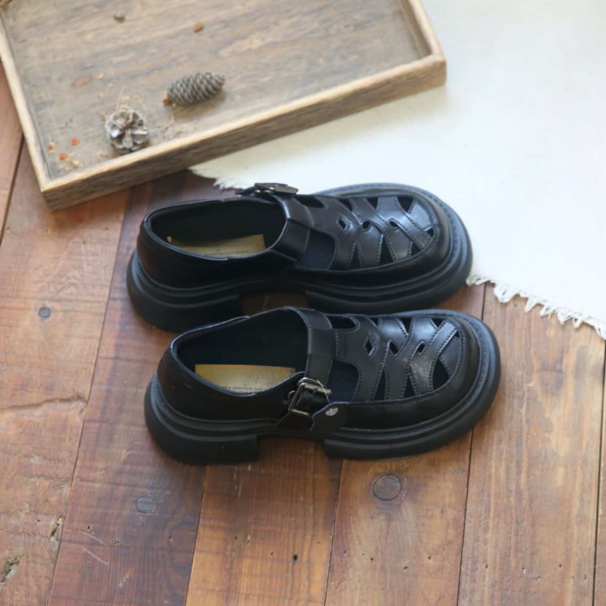 Leather hollow platform big head shoes summer fashion thick heel bag head Roman sandals